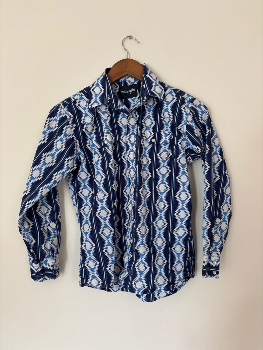 Wrangler Blue Aztec Western Pearl Snap Shirt 100% Cotton Youth Boys Size Large